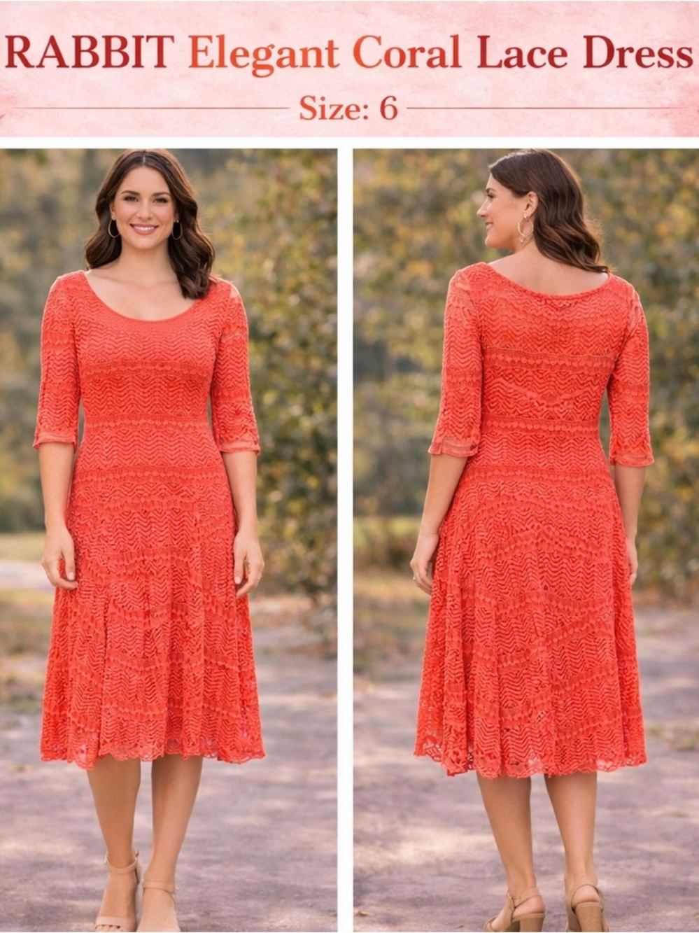 RABBIT Elegant Coral Lace Dress size 6 pit to pit 15in length 42in